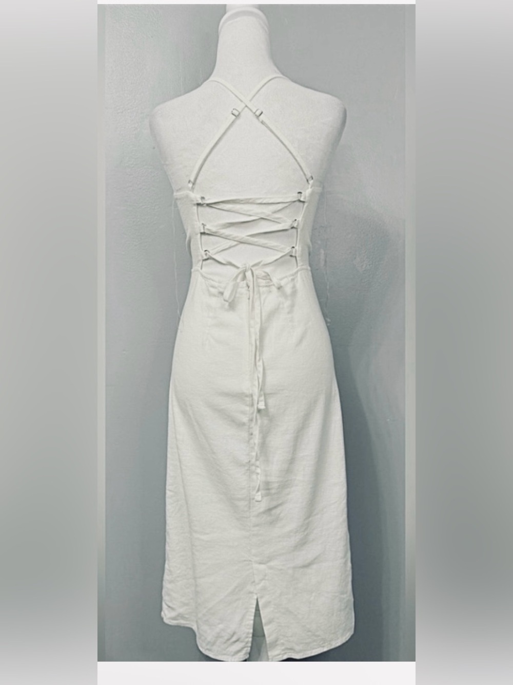 #10) Wild Fable Linen blend Cream Midi dress with string back